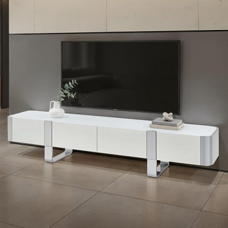 FM-AC8027SV-TV Larvik white wood finish with silver metal accents 79" wide modern TV stand entertainment center