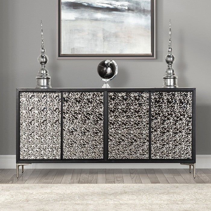FM-AC9000-SV  Beckham weathered black finish wood hammered stainless steel 72" 4 door buffet sideboard server cabinet