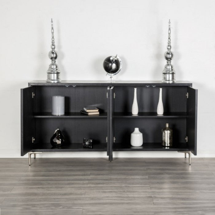 FM-AC9000-SV  Beckham weathered black finish wood hammered stainless steel 72" 4 door buffet sideboard server cabinet