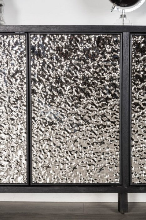 FM-AC9000-SV  Beckham weathered black finish wood hammered stainless steel 72" 4 door buffet sideboard server cabinet