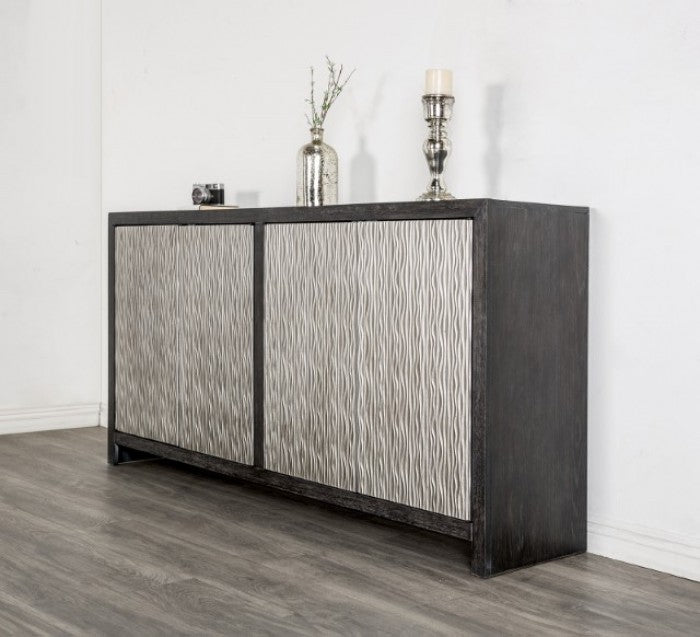 FM-AC9001-SV  Forger weathered black finish wood silver wavy embossed 72" 4 door buffet sideboard server cabinet