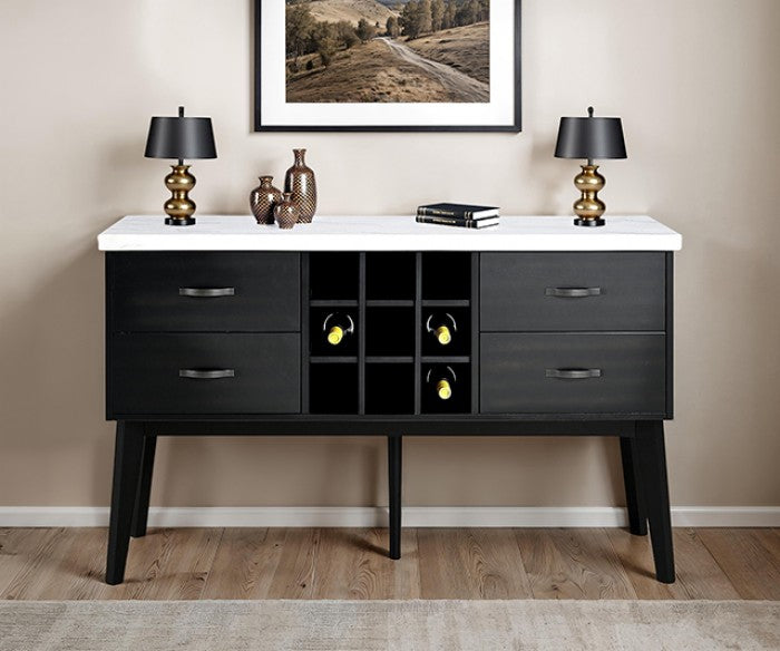 FM-AC9002-SV Shildon black finish wood marble top contemporary style 60" 4 drawer dining server sideboard cabinet buffet wine rack