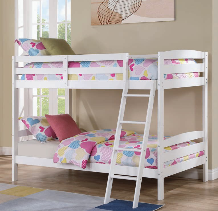 FM-BK002WH Candice white finish wood twin over twin bunk bed front access ladder and 2 under bed drawers