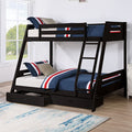 FM-BK003BK Emilee black finish wood twin over full bunk bed reversible front access ladder and 2 under bed drawers