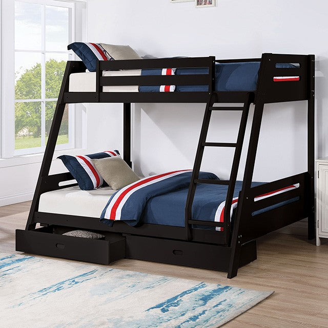 FM-BK003BK Emilee black finish wood twin over full bunk bed reversible front access ladder and 2 under bed drawers