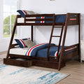 FM-BK003ES Emilee espresso finish wood twin over full bunk bed reversible front access ladder and 2 under bed drawers