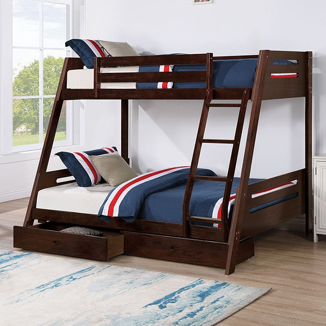 FM-BK003ES Emilee espresso finish wood twin over full bunk bed reversible front access ladder and 2 under bed drawers