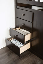 FM-BK102ES-T  Ontario espresso finish wood twin over twin bed with storage stair case with drawers