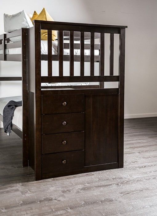 FM-BK102ES-T  Ontario espresso finish wood twin over twin bed with storage stair case with drawers