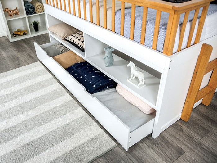 FM-BK104WH-T  McPherson white and light oak finish wood captains low rise loft bed with storage and trundle