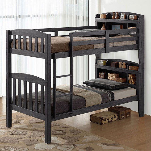 FM-BK106GY-T  Stutsman stain grey finish wood twin over twin convertible bunk bed with storage headboard