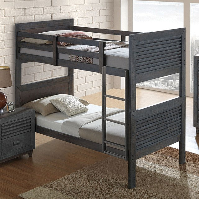 FM-BK108DB-T  Witham charcoal brown finish wood twin over twin convertible bunk bed slat design