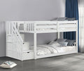 FM-BK1100WH  JoJo white finish wood twin over twin low rise bunk bed with storage staircase reversible