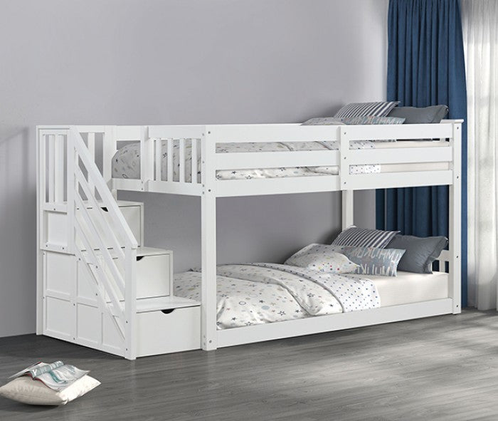 FM-BK1100WH  JoJo white finish wood twin over twin low rise bunk bed with storage staircase reversible