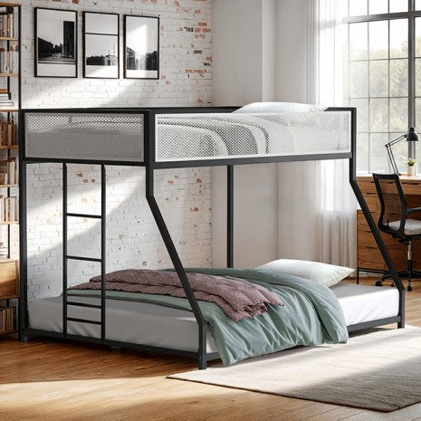 FM-BK1201BK-TF  Southall black and white mesh finish metal twin over full bunk bed with reversible ladder