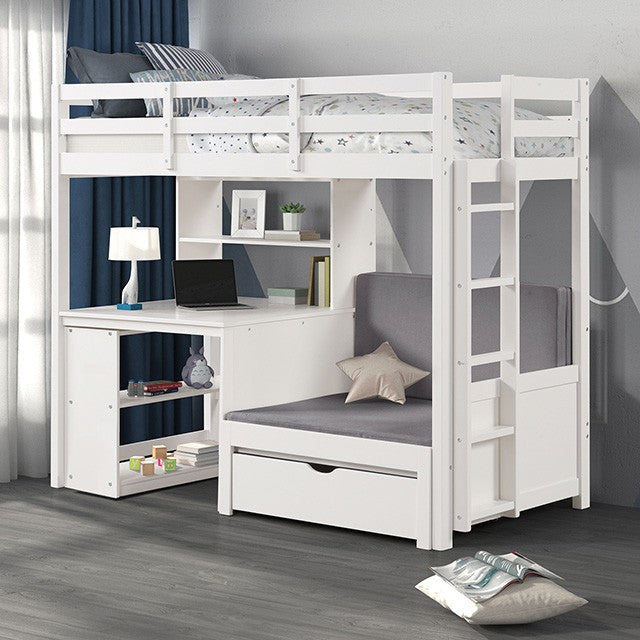 FM-BK200WH Mateo white finish wood twin loft bed with workstation fold out lower twin bed and desk