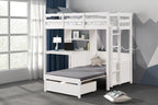 FM-BK200WH Mateo white finish wood twin loft bed with workstation fold out lower twin bed and desk