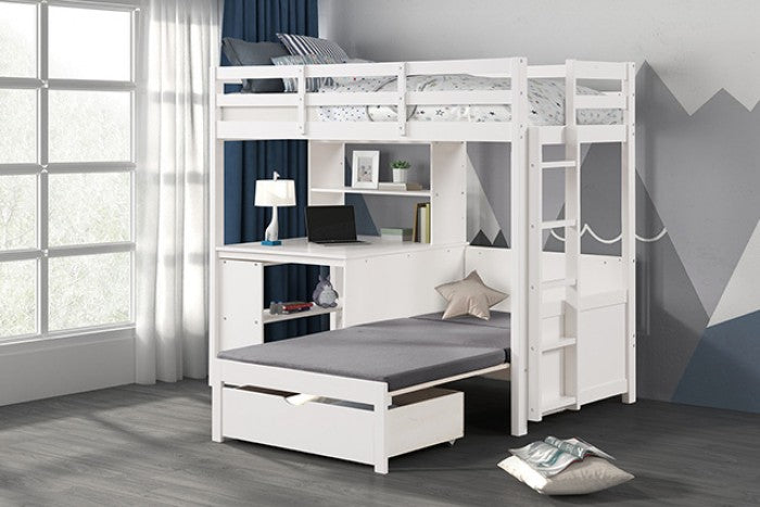 FM-BK200WH Mateo white finish wood twin loft bed with workstation fold out lower twin bed and desk