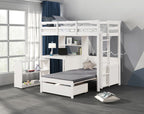 FM-BK200WH Mateo white finish wood twin loft bed with workstation fold out lower twin bed and desk