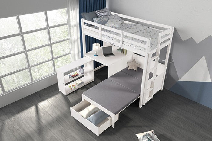 FM-BK200WH Mateo white finish wood twin loft bed with workstation fold out lower twin bed and desk