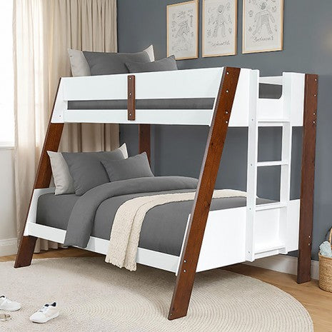 FM-BK202CH  Delbin dark cherry and white finish wood twin over full bunk bed with ladder on the end
