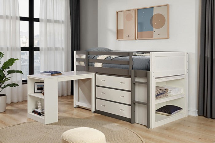 FM-BK203GY  Ledell white and grey finish wood twin loft bed with slide out desk and drawers underneath