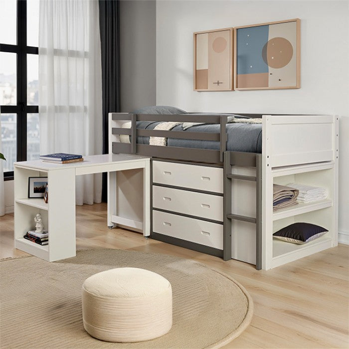 FM-BK203GY  Ledell white and grey finish wood twin loft bed with slide out desk and drawers underneath