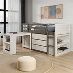 FM-BK203GY  Ledell white and grey finish wood twin loft bed with slide out desk and drawers underneath
