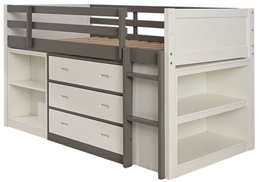 FM-BK203GY  Ledell white and grey finish wood twin loft bed with slide out desk and drawers underneath