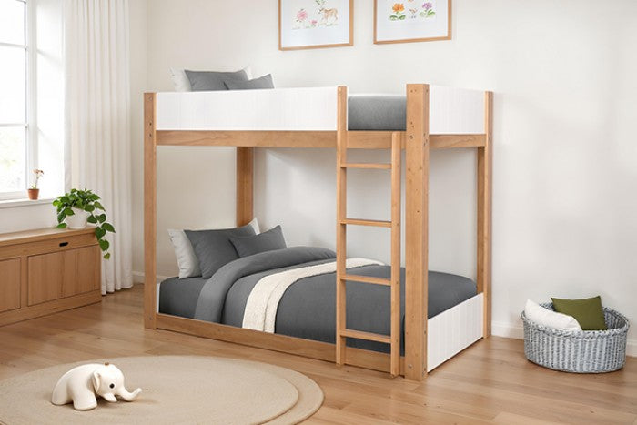 FM-BK204A-T  Terri natural and white finish wood twin over twin bunk bed with ladder on the side