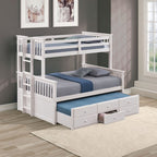 FM-BK458F-WH University white finish wood twin over full mission style bunk bed set with twin trundle and drawers
