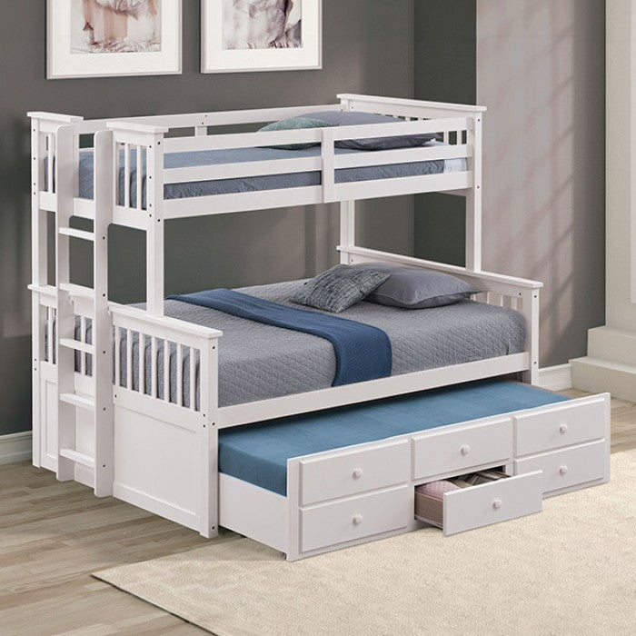 FM-BK458F-WH University white finish wood twin over full mission style bunk bed set with twin trundle and drawers