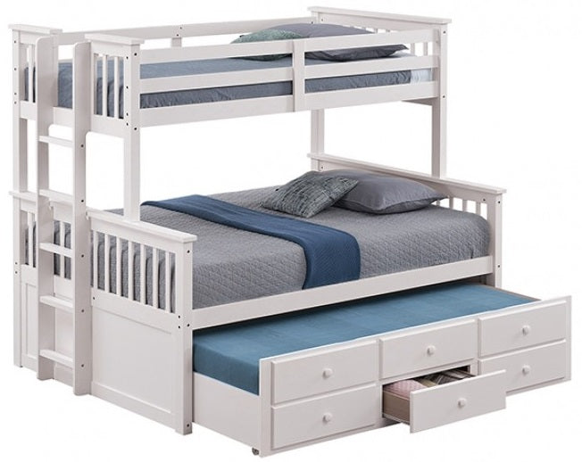 FM-BK458F-WH University white finish wood twin over full mission style bunk bed set with twin trundle and drawers