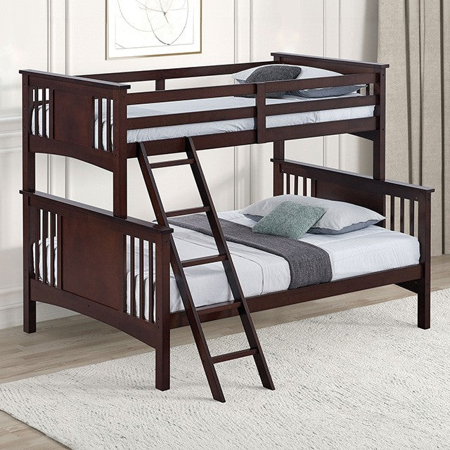 FM-BK602F-DW Spring creek dark walnut finish twin over full bunk bed with front access angled ladder