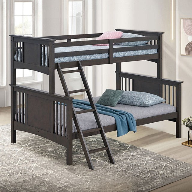 FM-BK602F-GY Spring creek grey finish twin over full bunk bed with front access angled ladder