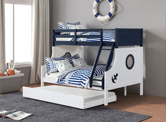 FM-BK629BL Isabella & Max Nautia navy blue and white finish wood twin over full nautical themed bunk bed set