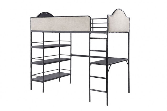 FM-BK700BK-T Forli black metal frame and light brown fabric Twin loft workstation bunk bed with desk
