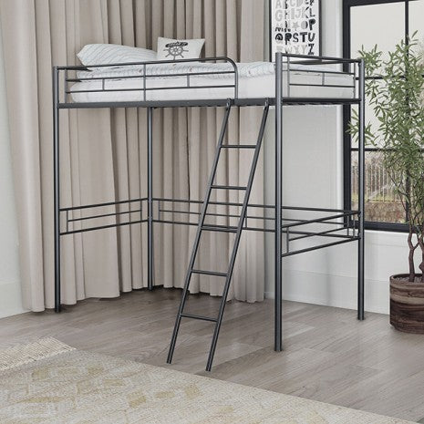 FM-BK910BK  Myles black finish metal twin size loft bed with angled ladder and open lower area