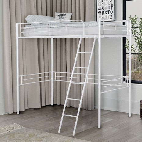 FM-BK910WH  Myles white finish metal twin size loft bed with angled ladder and open lower area