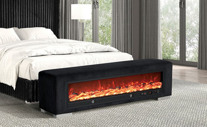 FM-BN6001BB Elnath black corduroy fabric upholstered bedroom entry bench with wood log style fireplace light bluetooth audio