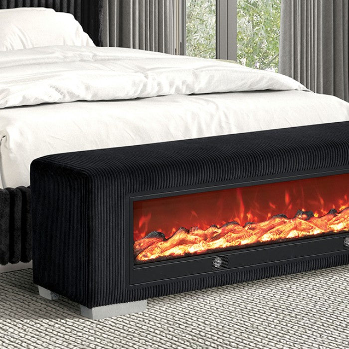 FM-BN6001BB Elnath black corduroy fabric upholstered bedroom entry bench with wood log style fireplace light bluetooth audio