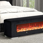FM-BN6001BB Elnath black corduroy fabric upholstered bedroom entry bench with wood log style fireplace light bluetooth audio