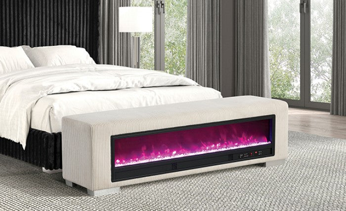 FM-BN6001BG Elnath beige corduroy fabric upholstered bedroom entry bench with fireplace light bluetooth audio