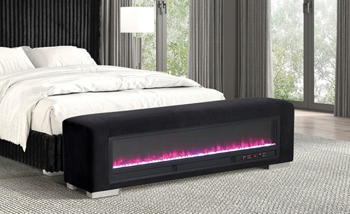 FM-BN6001BK Elnath black corduroy fabric upholstered bedroom entry bench with crystal fireplace light bluetooth audio