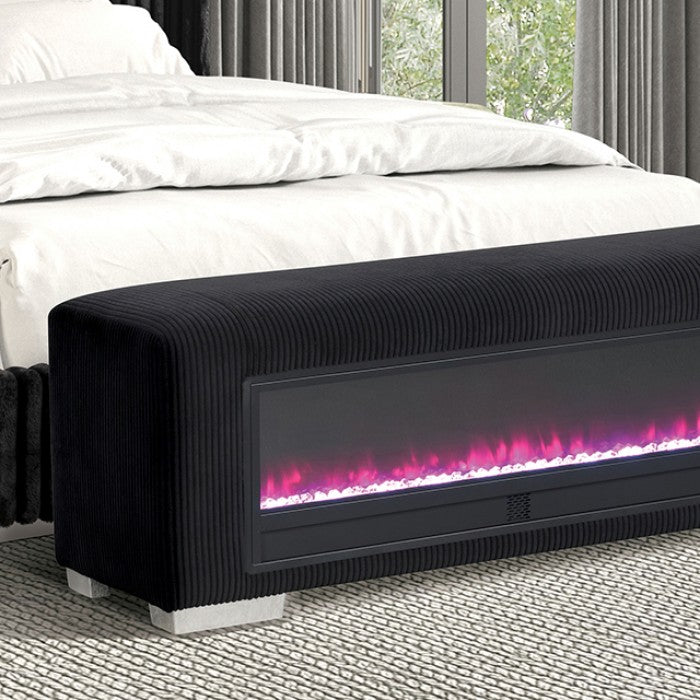 FM-BN6001BK Elnath black corduroy fabric upholstered bedroom entry bench with crystal fireplace light bluetooth audio