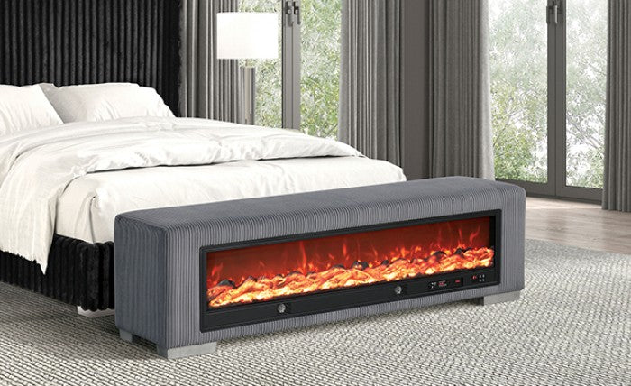 FM-BN6001GY Elnath grey corduroy fabric upholstered bedroom entry bench with wood log style fireplace light bluetooth audio