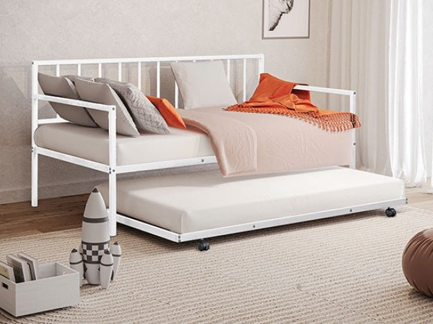 FM1001WH Harmon white metal frame twin size day bed with slide out trundle