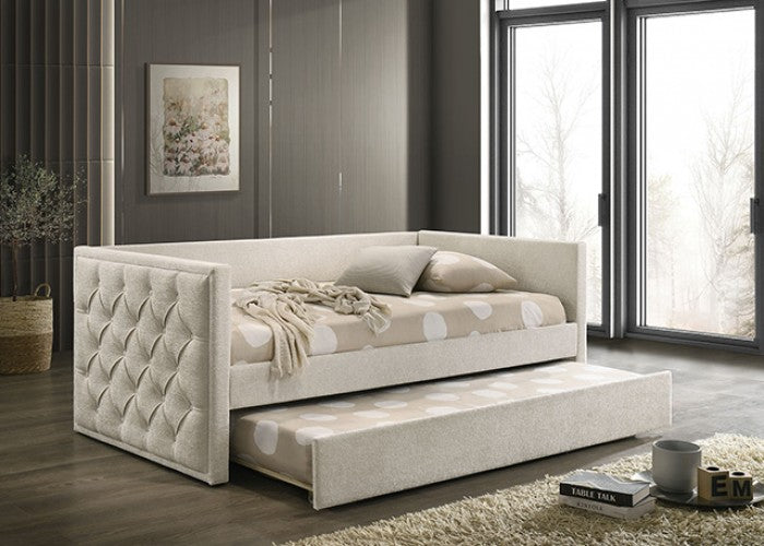 FM1202BG  Renzi beige fabric pleated tufted sides twin day bed with trundle