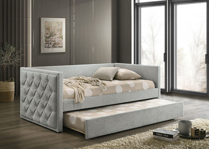 FM1202GY  Renzi grey fabric pleated tufted sides twin day bed with trundle