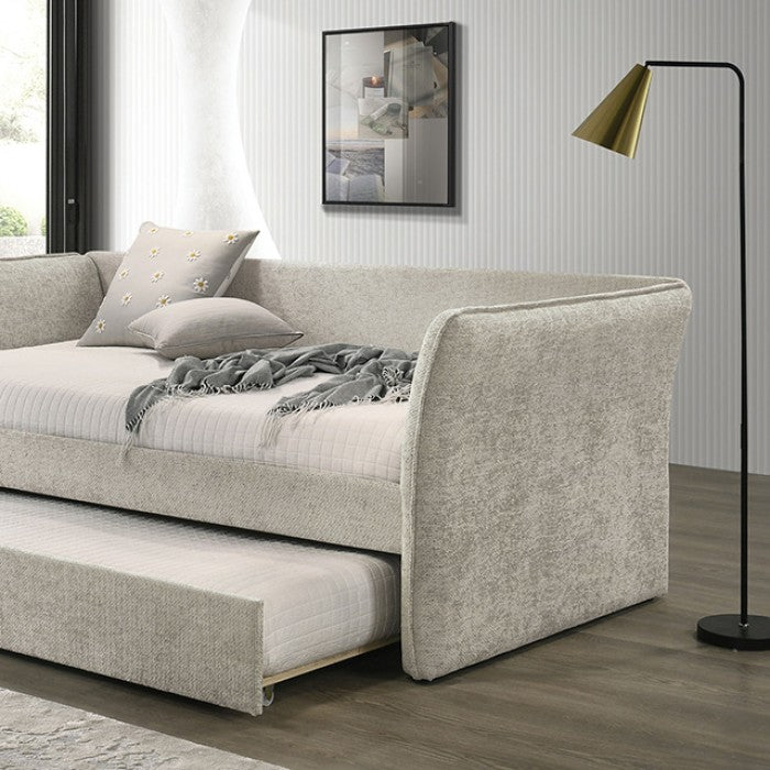 FM1203BG  Yuri beige fabric textured twin day bed with trundle with flared arms
